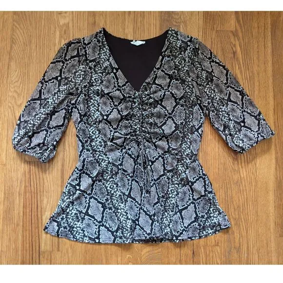 ember Beige Brown V-neck High Waist Peplum Blouse, Puff Sleeves, Snake P… - Picture 1 of 10